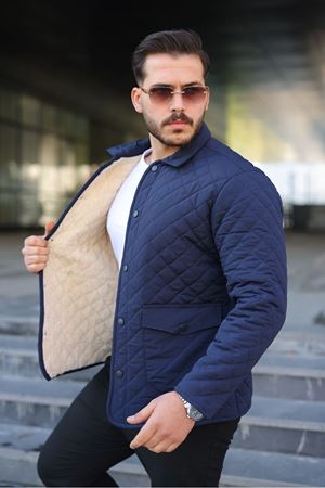 Erkek Çıtçıt Basic Kışlık Kürklü Lacivert Kapitone Mont