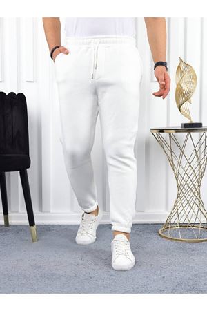 Erkek Beli Lastikli Şardonlu Jogger Beyaz Eşofman Altı