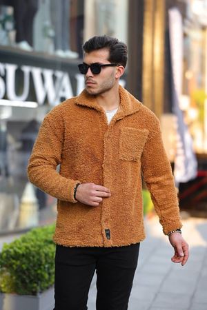 Erkek Trend Düğmeli Hardal Peluş Ceket