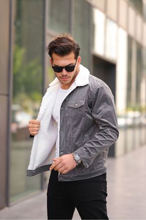 Erkek Trend Kadife Içi Kürklü Ceket Antrasit