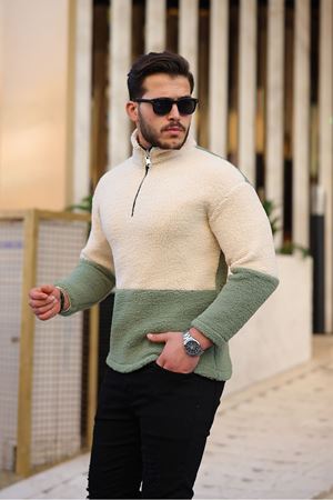 Yarım Fermuarlı Çift Renk Peluş Sweatshirt