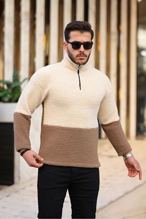 Yarım Fermuarlı Çift Renk Peluş Sweatshirt