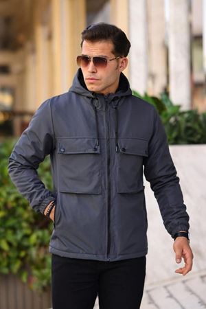 Erkek Içi Kürklü Suya Dayanıklı Körük Cep Kapüşonlu Cepli Yağmurluk