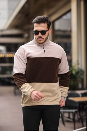 Yarım Fermuarlı Üç Renk Polar Sweatshirt