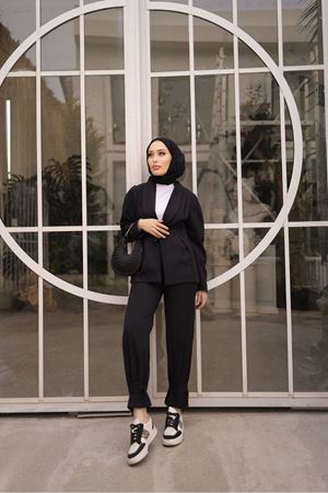 Kadın Paça Düğmeli Pantolon Ceket Siyah Ikili Takım