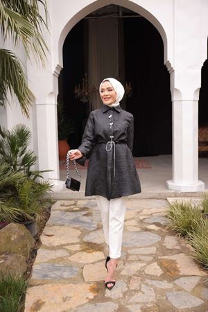 Kadın Jakarlı Şık Beli Lastikli Siyah Tonik Ceket