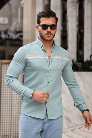 Slim Fit Ön Şerit Detaylı Çıtçıtlı Kot Gömlek