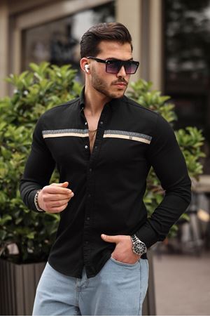 Slim Fit Ön Şerit Detaylı Çıtçıtlı Kot Gömlek