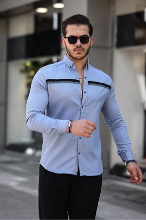 Slim Fit Ön Şerit Detaylı Çıtçıtlı Kot Gömlek