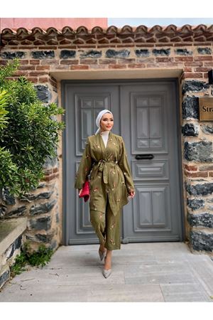 Kadın Tesettür Kimono Bol Pantolon Haki Ikili Takım