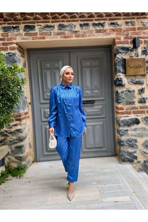 Kadın Desenli Gömlek Bol Pantolon Alt Üst Mavi Ikili Takım