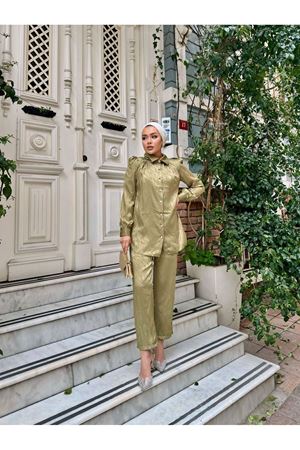 Kadın Desenli Gömlek Bol Pantolon Alt Üst Yeşil Ikili Takım