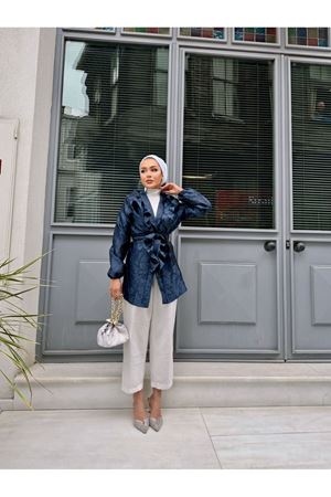 Kadın Bel Bağlamalı Tonik Uzun Lacivert Ceket