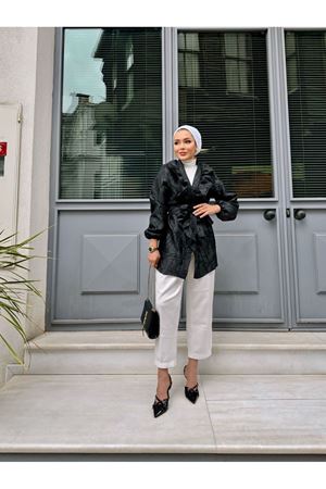 Kadın Bel Bağlamalı Tonik Uzun Siyah Ceket