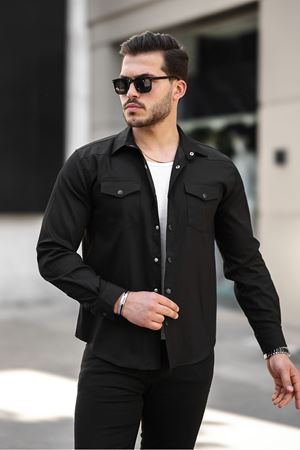 Erkek Mevsimlik Trend Cepli Çıtçıtlı Siyah Kot Gömlek