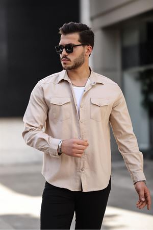 Erkek Mevsimlik Trend Cepli Çıtçıtlı Krem Kot Gömlek