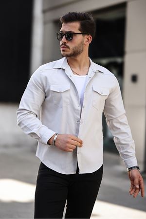 Erkek Mevsimlik Trend Cepli Çıtçıtlı Beyaz Kot Gömlek