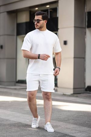 Erkek Alt Üst Oversize Tişört Basic Şort Beyaz Ikili Takım