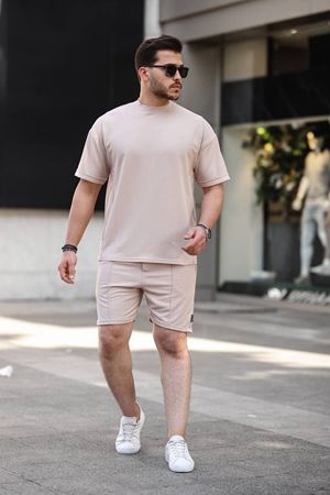 Erkek Alt Üst Oversize Tişört Basic Şort Taş Ikili Takım