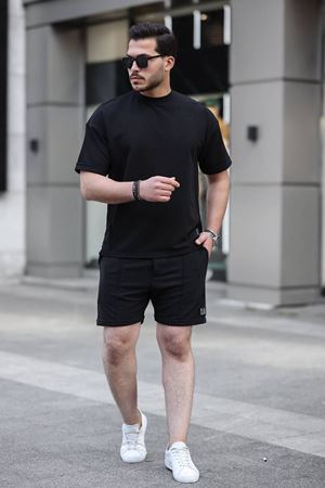 Erkek Alt Üst Oversize Tişört Basic Şort Siyah Ikili Takım