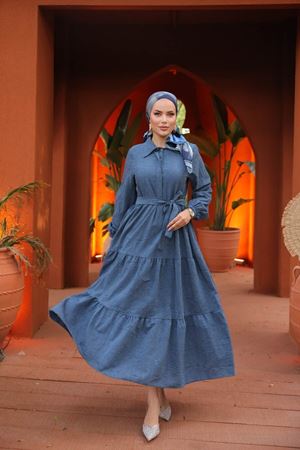 Kadın Trend Şık Terikoton Lacivert Uzun Elbise