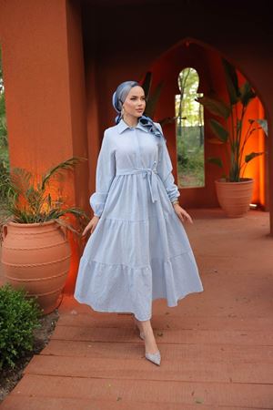 Kadın Trend Şık Terikoton Mavi Uzun Elbise