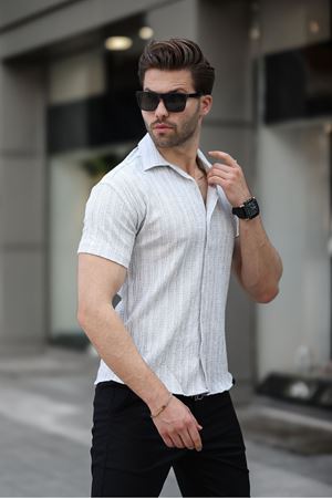 Erkek Yazlık Likralı Slim Fit Gömlek Yaka Kısa Kollu Gömlek
