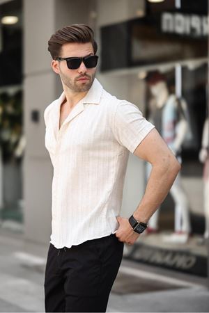 Erkek Yazlık Likralı Slim Fit Gömlek Yaka Kısa Kollu Gömlek