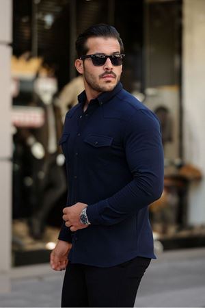 Erkek Çıtçıtlı Cepli Uzun Kollu Kışlık Lacivert Gömlek