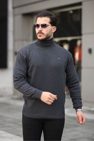 Erkek Günlük Balıkçı Yaka Boğazlı Antrasit Triko Kazak