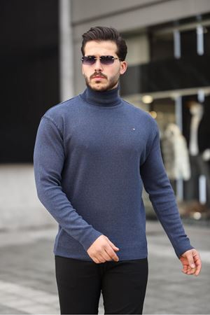 Erkek Günlük Balıkçı Yaka Boğazlı Mavi Triko Kazak