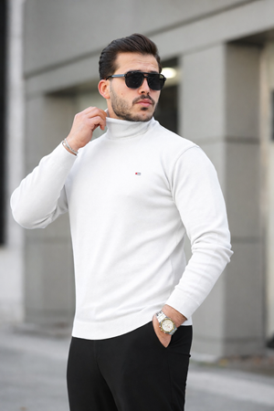 Erkek Günlük Balıkçı Yaka Boğazlı A.Beyaz Triko Kazak