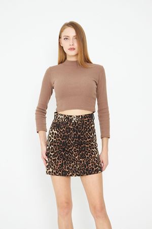 Kadın Leopar Desenli Mini Kot Etek
