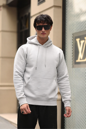 Erkek Kapşonlu Kanguru Cepli Basic Gri Sweatshirt