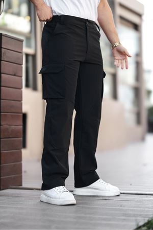 Erkek Kargo Cepli Dikiş Detaylı Siyah Taktik Paraşüt Pantolon