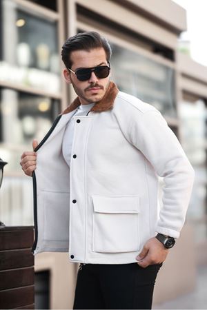 Erkek Oversize Günlük Trend Kadife Yaka Ekru Ceket