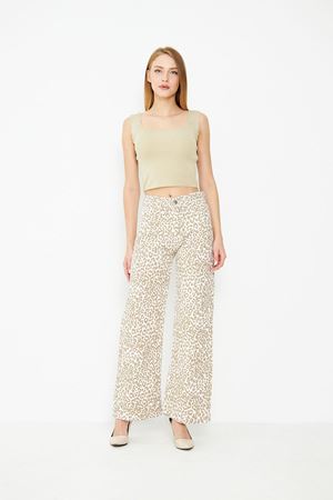 Kadın Leopar Desenli Yüksel Bel Geniş Paça Palazzo Pantolon