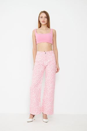 Kadın Leopar Desenli Yüksel Bel Geniş Paça Palazzo Pantolon