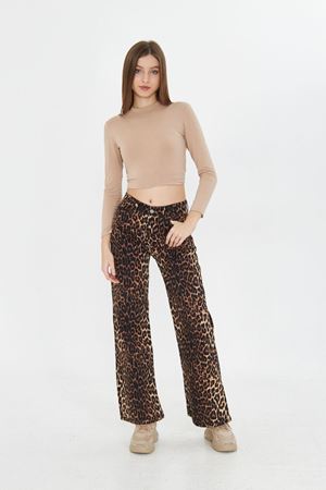 Kadın Leopar Desenli Yüksel Bel Geniş Paça Palazzo Pantolon