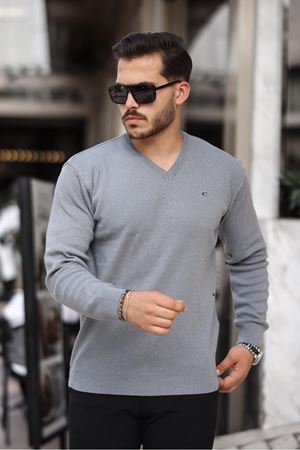 Erkek Trend V Yaka Günlük Gri Triko Kazak