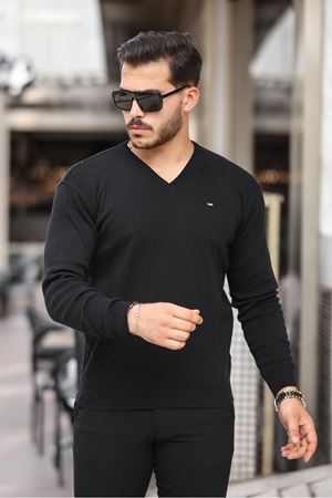 Erkek Trend V Yaka Günlük Siyah Triko Kazak