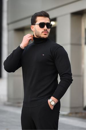 Erkek Trend Balıkçı Yaka Boğazlı Siyah Triko Kazak