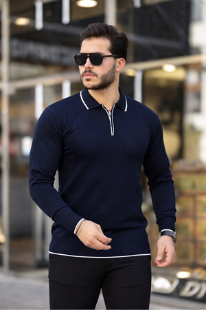 Fermuar Yaka Çizgi Detaylı Erkek Kazak