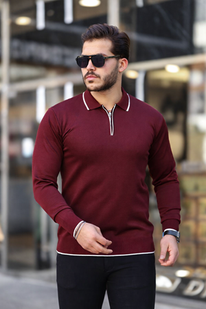 Fermuar Yaka Çizgi Detaylı Erkek Kazak