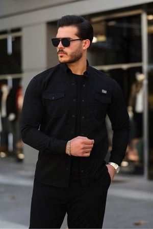 Erkek Cepli Paraşüt Kumaş Uzun Kol Dar Siyah Gömlek