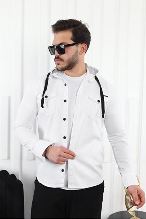 Erkek Slim Fit Dar Kalıp Kapüşonlu Kot Gömlek