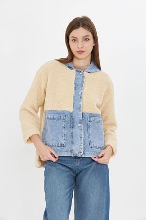 Kadın Kapüşonlu Denim Detaylı Peluş Ceket