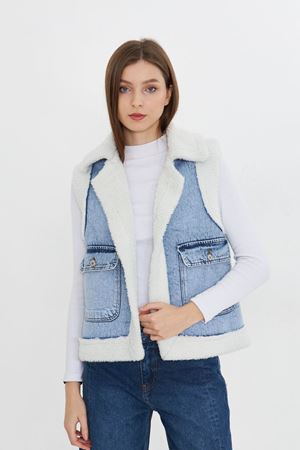 Kadın Çift Cepli Peluşlu Denim Yelek