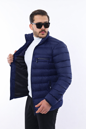 Erkek Trend Fermuarlı Şık Lacivert Şişme Mont