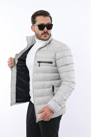 Erkek Trend Fermuarlı Şık Gri Şişme Mont